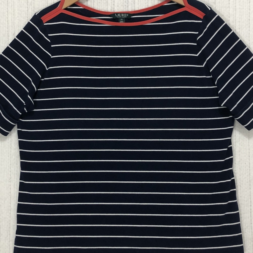 Lauren Ralph Lauren Navy White Striped Boat Neck Top Red Trim 2X Short Sleeve